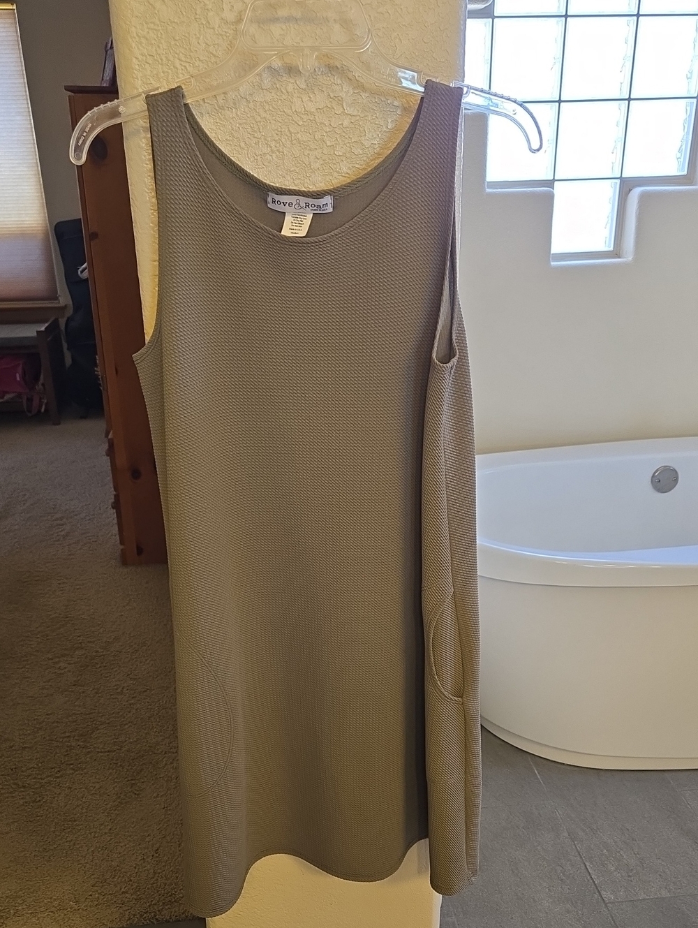 Rove & Roam Textured Sleeveless Shift Dress in Taupe